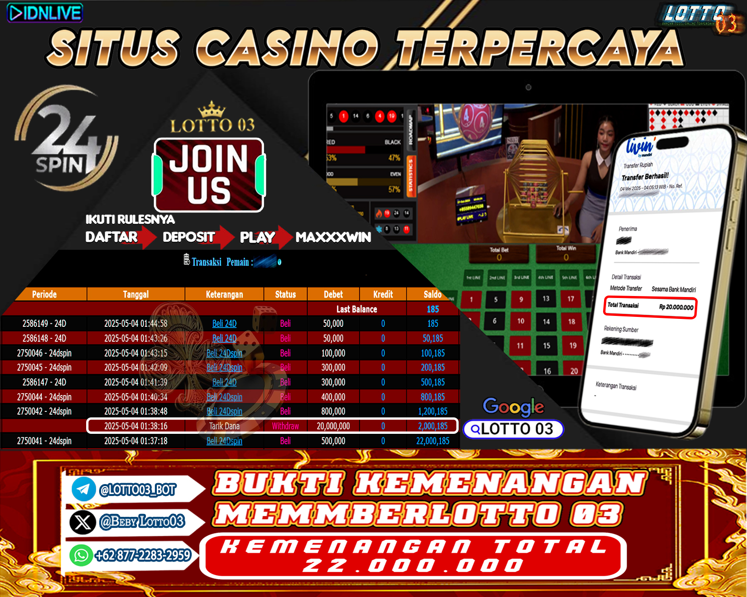 Bukti Kemenangan Casino 24D Spin