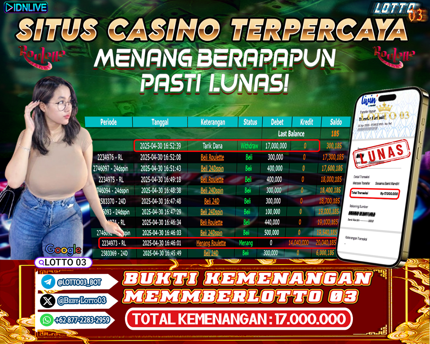 Bukti kemenangan Live Casino Roulette